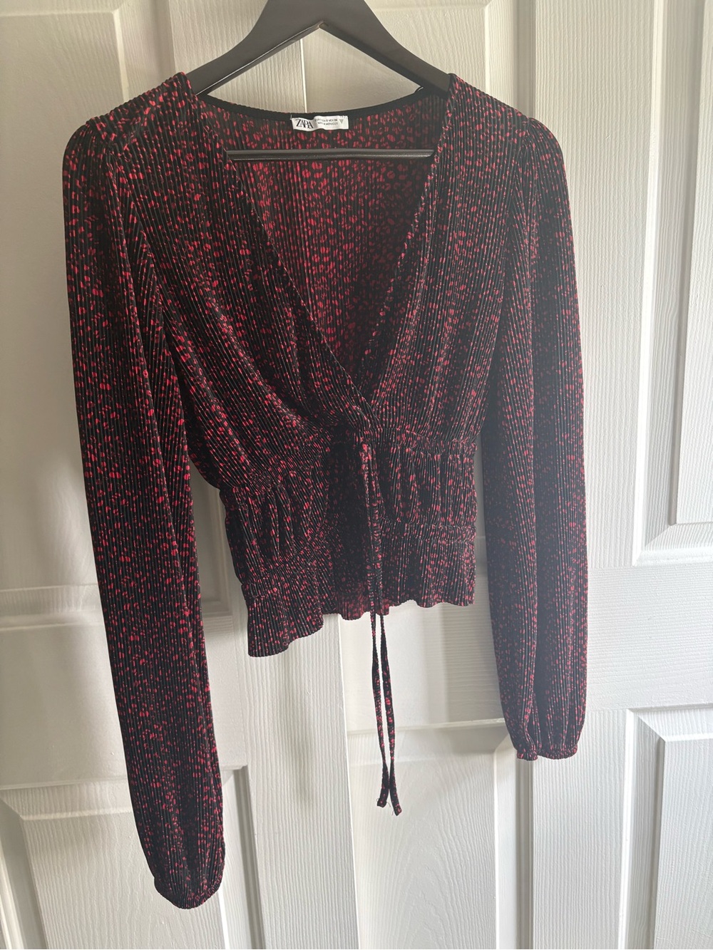 Zara Black Long-Sleeve Wrap Top with Red Speckle